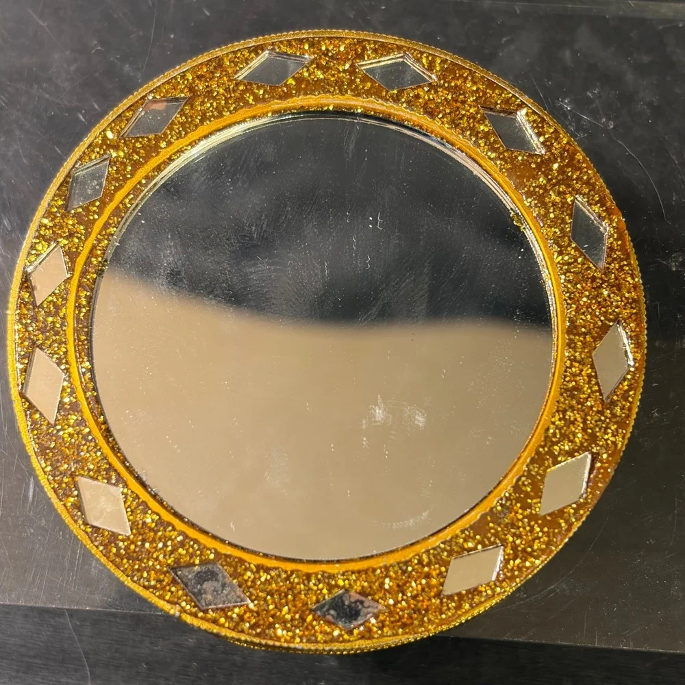Vintage Gold Glitter Hand Mirror Mosaic Star Inlay Rhinestone Vanity Decor 3in